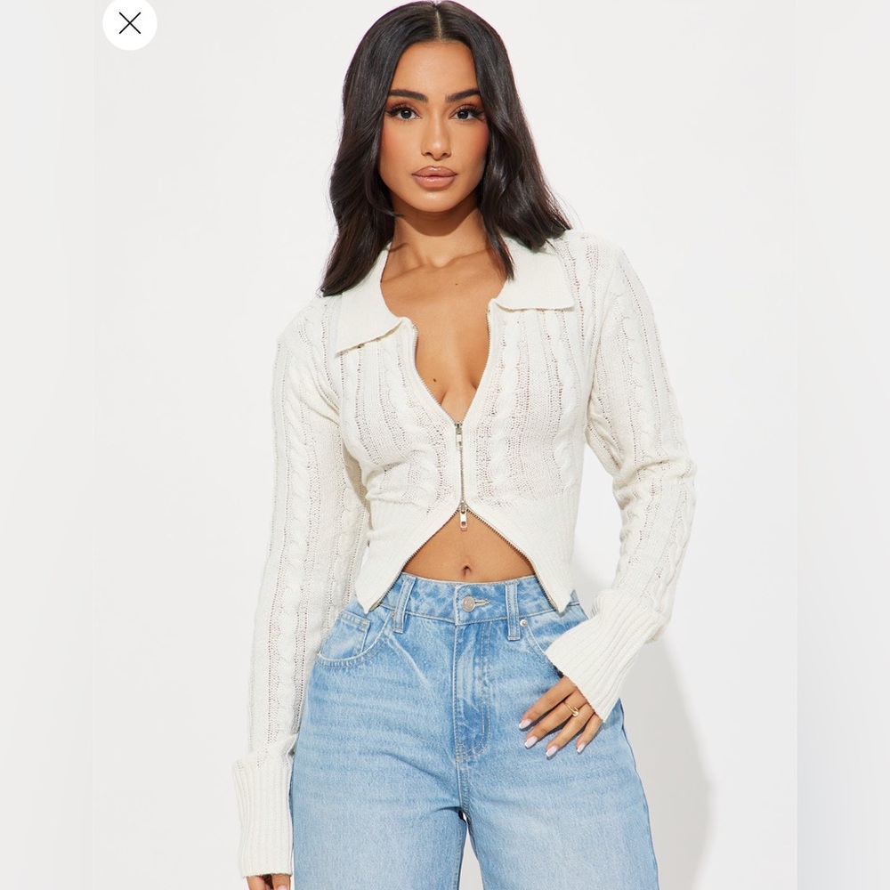 Fashion Nova Cream Knit Zip-Up Top